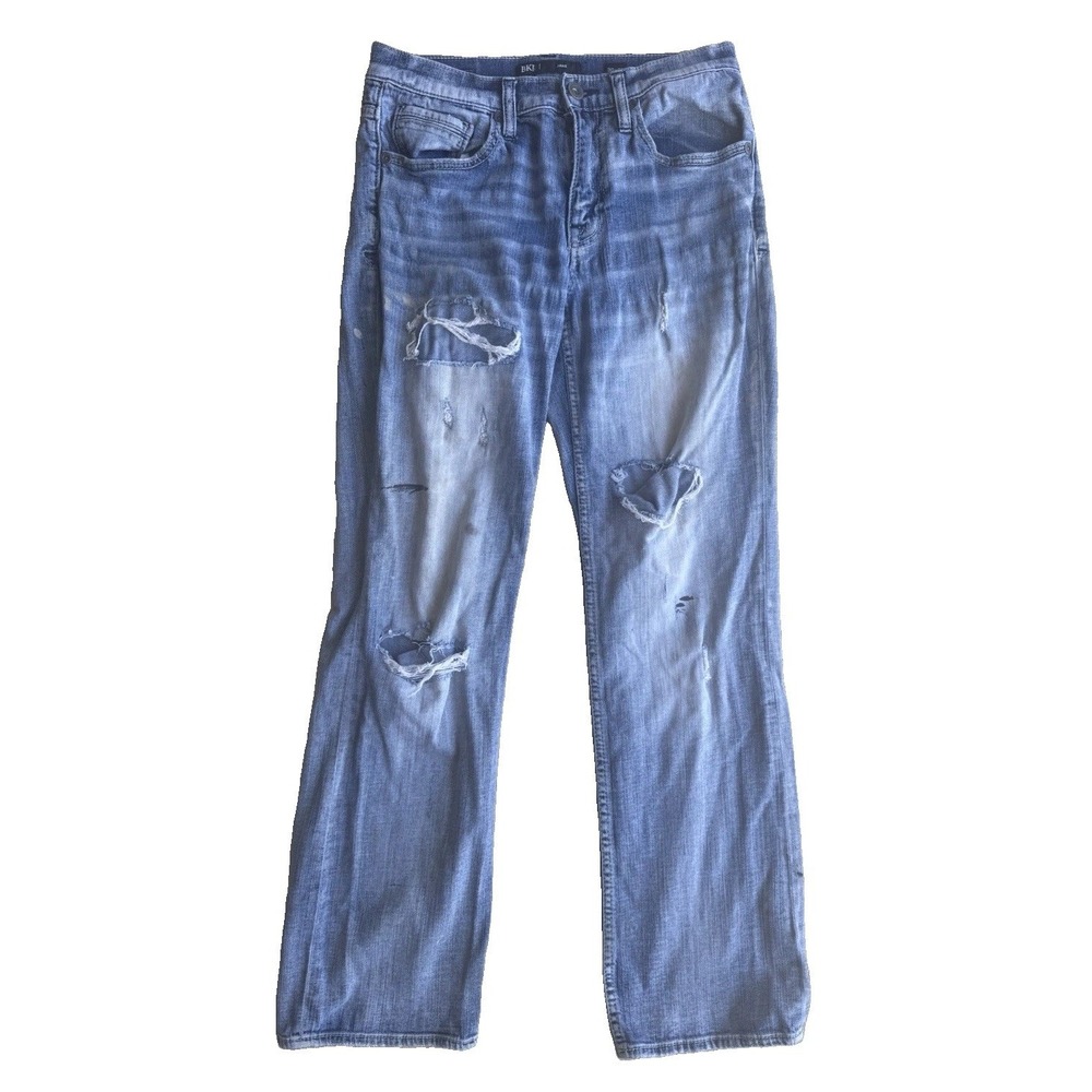 BKE Jake Bootleg Jeans Mens 30x32 Light Wash Blue Very Distressed Stained Denim